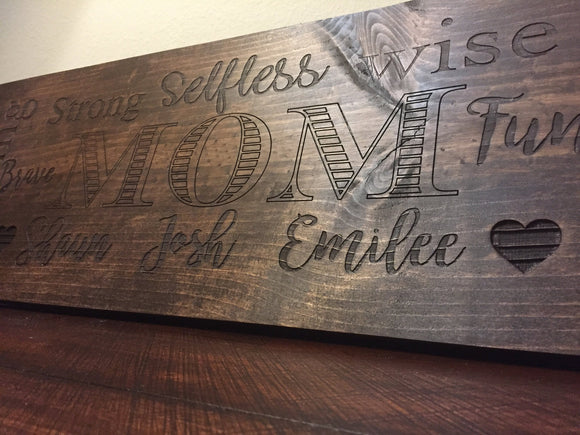 Personalized wood MOM sign - great birthday gift! Laser Engraved
